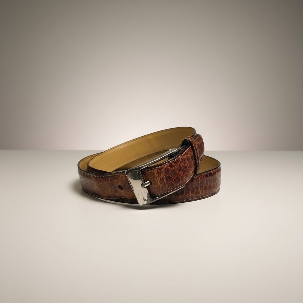 Trafalgar Mens Brown Crocodile Embossed Leather Dress Belt Silver Buckle USA 32